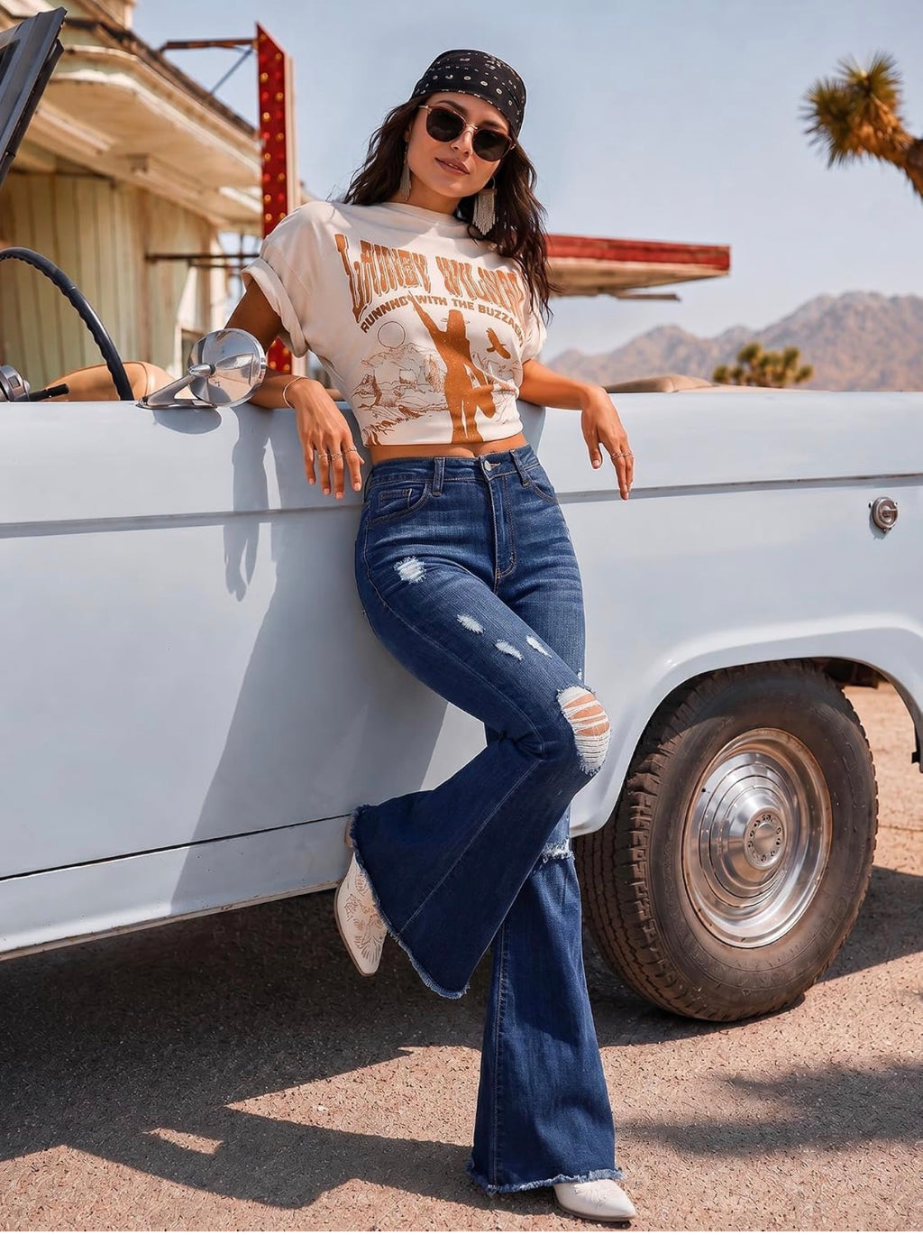 Women’s High-Waisted Distressed Flare Jeans – Dark Wash Stretch Denim